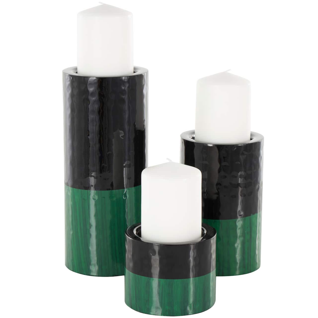 Green Metal Colorblock Candle Holder with Paint Streak Designs Set